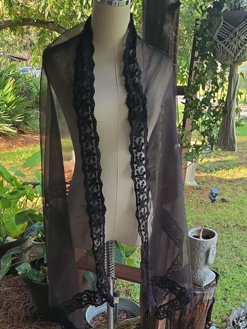 Black Sheer Shoulder Wrap With Lace Border